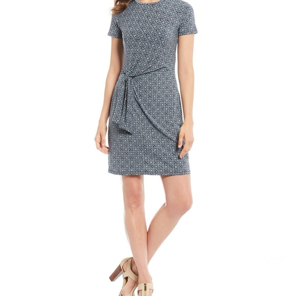 Michael Kors Aziza Blue Pattern Knot-Front Midi Dress